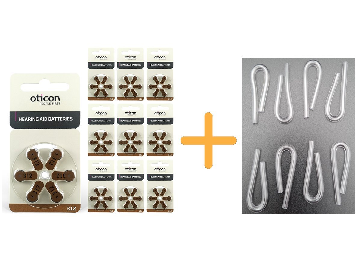 Oticon 312 Numara İşitme Cihazı Pili (10 Paket x 6 Adet= 60 Adet Pil) + HEDİYE İşitme Cihazı Hortumu (8 Adet, Orta-Standart olan Kıvrılmış Hortum), YesMed