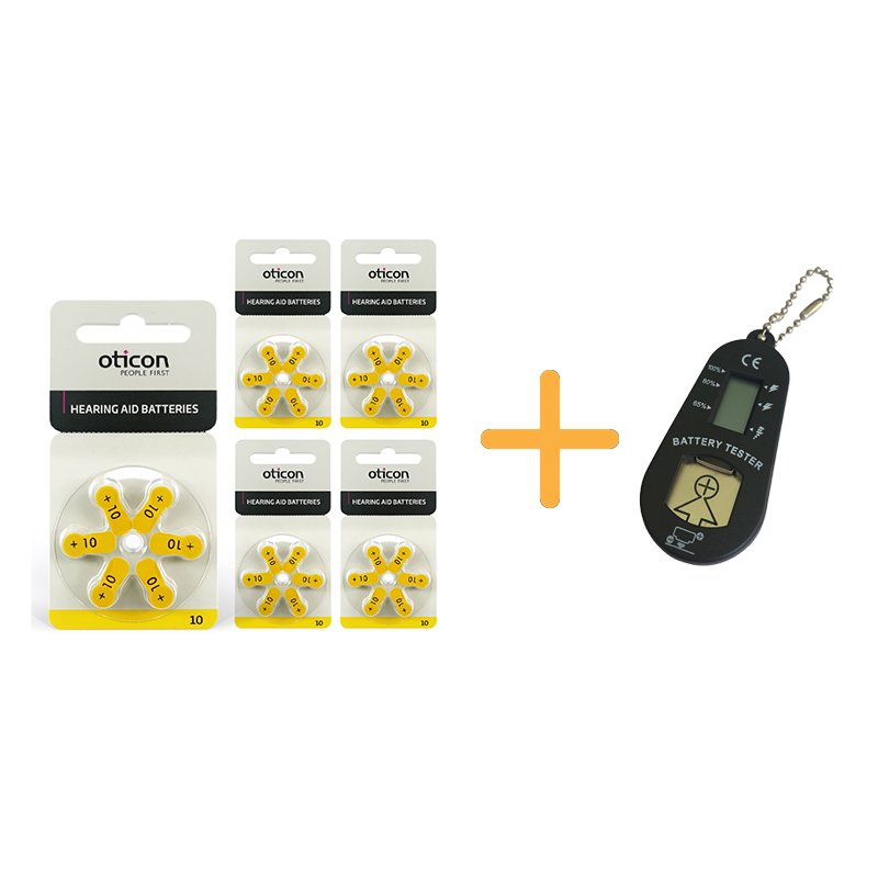 Oticon 10 Numara İşitme Cihazı Pili (5 Paket x 6 Adet= 30 Adet Pil) + HEDİYE İşitme Cihazı Pil Ölçer, YesMed