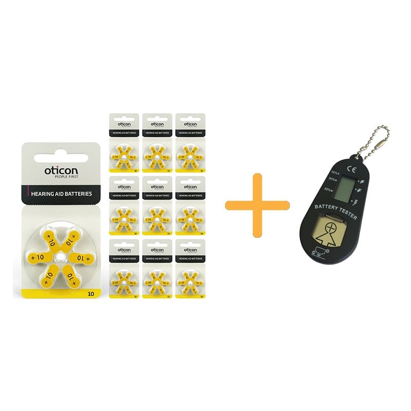 Oticon 10 Numara İşitme Cihazı Pili (10 Paket x 6 Adet= 60 Adet Pil) + HEDİYE İşitme Cihazı Pil Ölçer, YesMed