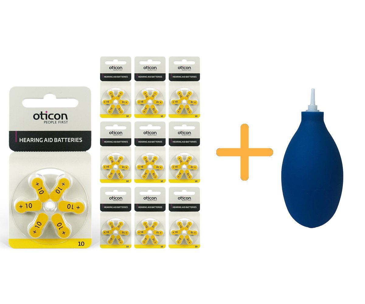 Oticon 10 Numara İşitme Cihazı Pili (10 Paket x 6 Adet= 60 Adet Pil) + HEDİYE İşitme Cihazı El Pompası (Puar), YesMed