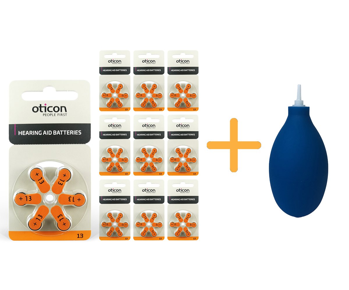 Oticon 13 Numara İşitme Cihazı Pili (10 Paket x 6 Adet= 60 Adet Pil) + HEDİYE İşitme Cihazı El Pompası (Puar), YesMed