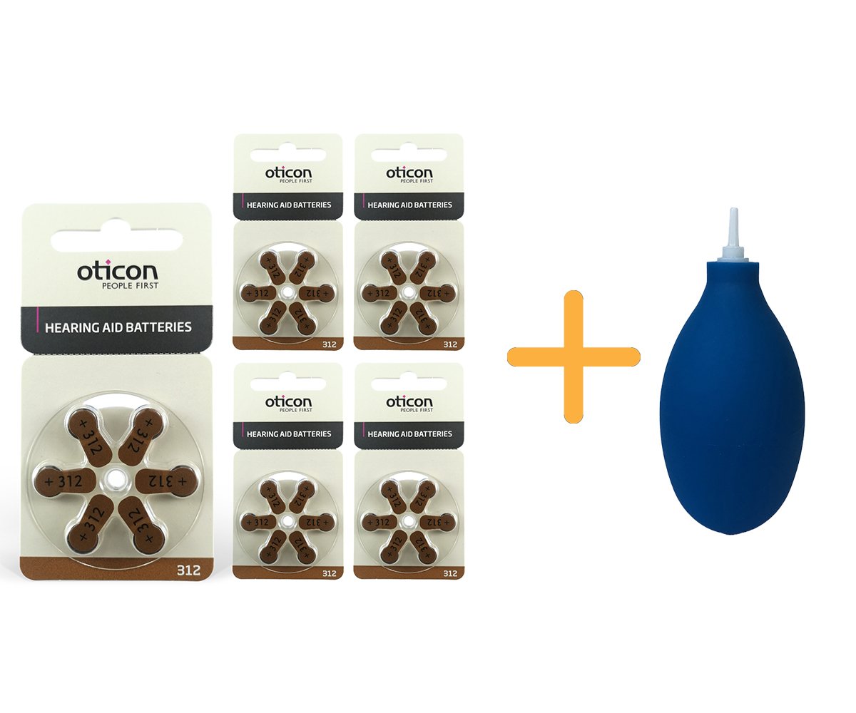 Oticon 312 Numara İşitme Cihazı Pili (5 Paket x 6 Adet= 30 Adet Pil) + HEDİYE İşitme Cihazı El Pompası (Puar), YesMed