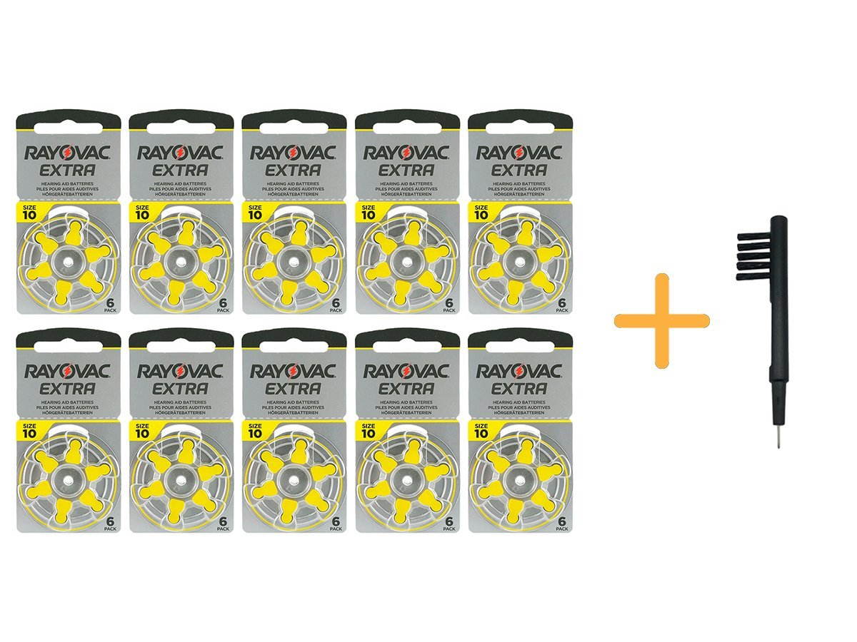 Rayovac Extra 10 Numara İşitme Cihazı Pili (10 Paket x 6 Adet = 60 Adet Pil) + HEDİYE Mıknatıslı İşitme Cihazı Temizleme Fırçası, YesMed