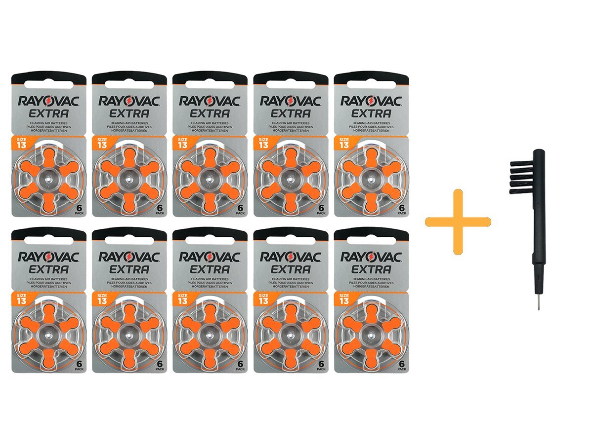 Rayovac Extra 13 Numara İşitme Cihazı Pili (10 Paket x 6 Adet = 60 Adet Pil) + HEDİYE Mıknatıslı İşitme Cihazı Temizleme Fırçası, YesMed