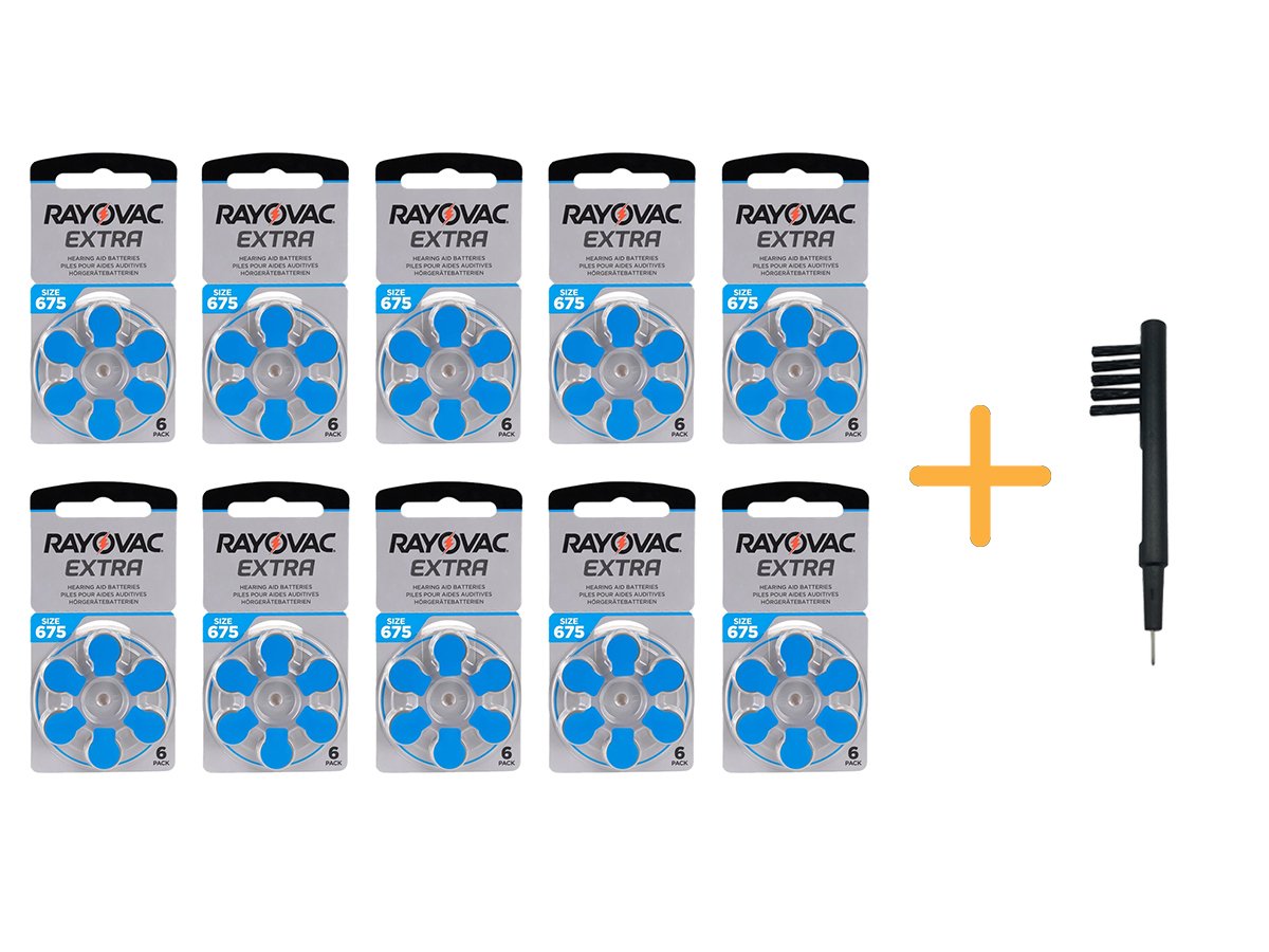 Rayovac Extra 675 Numara İşitme Cihazı Pili (10 Paket x 6 Adet = 60 Adet Pil) + HEDİYE Mıknatıslı İşitme Cihazı Temizleme Fırçası, YesMed