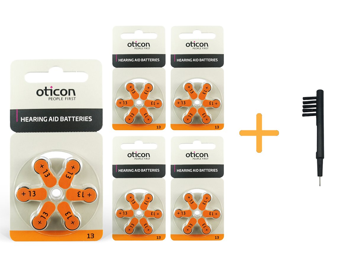 Oticon 13 Numara İşitme Cihazı Pili (5 Paket x 6 Adet= 30 Adet Pil) + HEDİYE Mıknatıslı İşitme Cihazı Temizleme Fırçası, YesMed