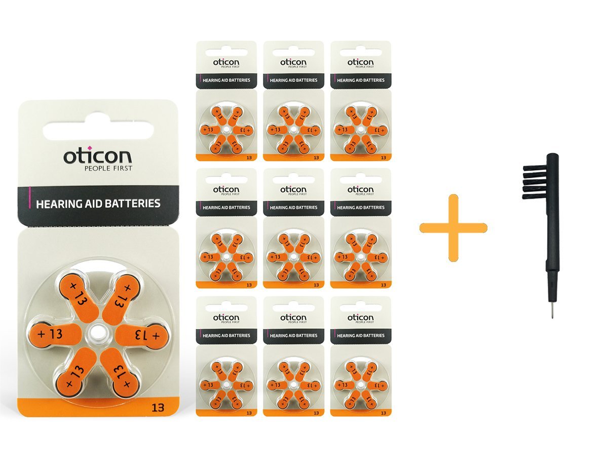 Oticon 13 Numara İşitme Cihazı Pili (10 Paket x 6 Adet= 60 Adet Pil) + HEDİYE Mıknatıslı İşitme Cihazı Temizleme Fırçası, YesMed