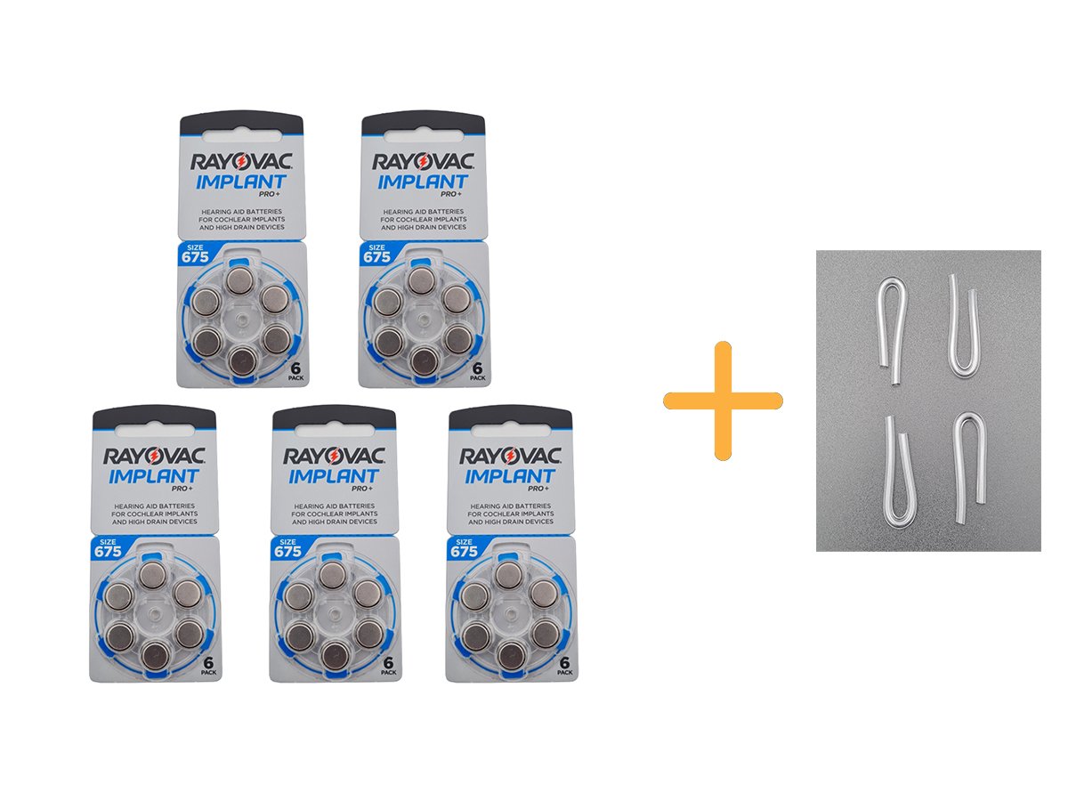 Koklear İmplant İşitme Cihazı Pili, Rayovac 675CP IMPLANT PRO+ (5 Paket x 6 Adet = 30 Adet Pil) + HEDİYE İşitme Cihazı Hortumu (4 Adet, Orta-Standart olan Kıvrılmış Hortum), YesMed