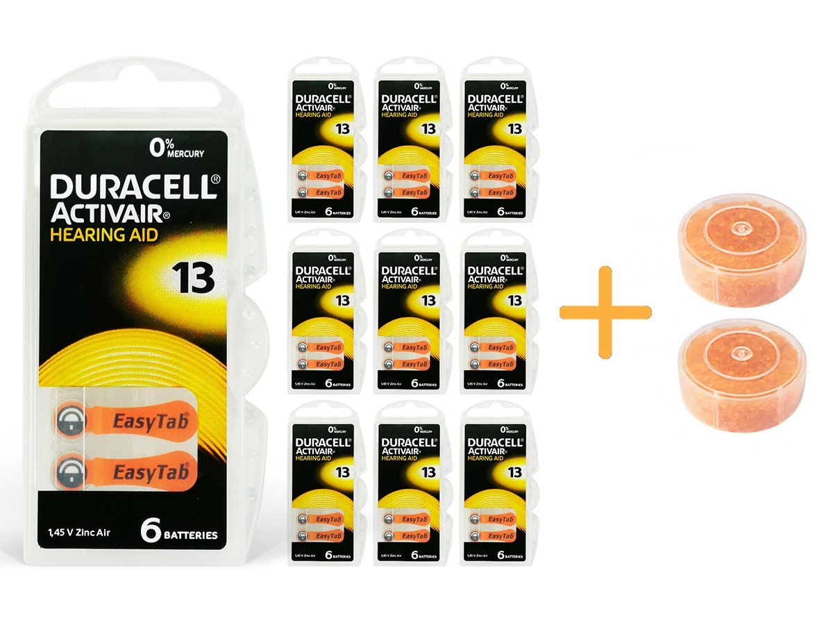 Duracell Activair 13 Numara İşitme Cihazı Pili (10 Paket x 6 Adet = 60 Adet Pil) + HEDİYE İşitme Cihazı Nem Alıcı Tablet, YesMed