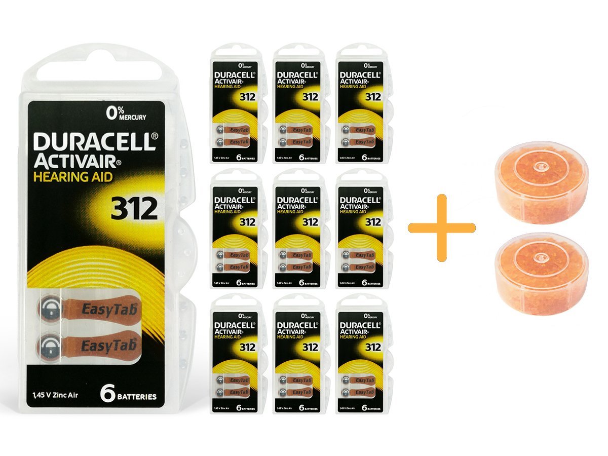 Duracell Activair 312 Numara İşitme Cihazı Pili (10 Paket x 6 Adet = 60 Adet Pil) + HEDİYE İşitme Cihazı Nem Alıcı Tablet, YesMed