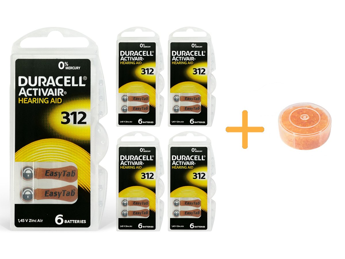 Duracell Activair 312 Numara İşitme Cihazı Pili (5 Paket x 6 Adet = 30 Adet Pil) + HEDİYE İşitme Cihazı Nem Alıcı Tablet, YesMed