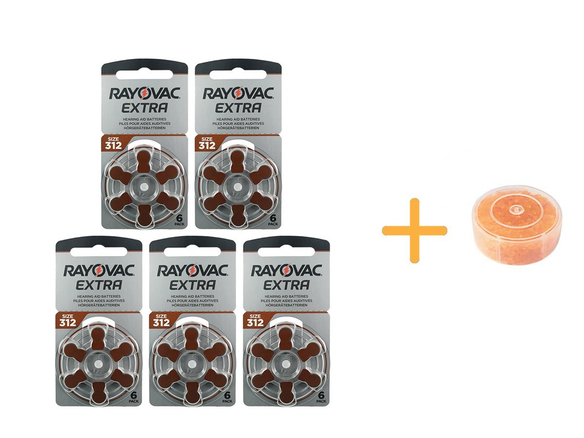 Rayovac Extra 312 Numara İşitme Cihazı Pili (5 Paket x 6 Adet = 30 Adet Pil) + HEDİYE İşitme Cihazı Nem Alıcı Tablet, YesMed