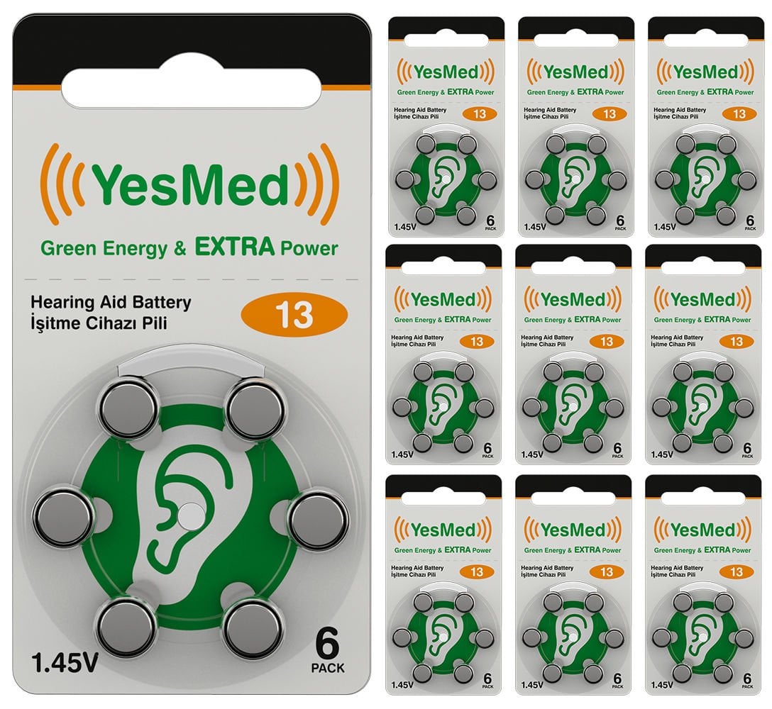 YesMed Extra Power 13 Numara İşitme Cihazı Pili, Kulaklık Pili, Duyma Pili, Kulak Pili, Kulak Cihazı Pili (10 Paket x 6 Adet = 60 Adet Pil)