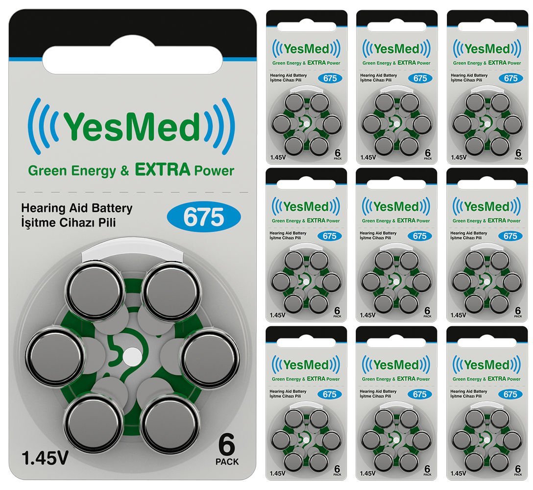 YesMed Extra Power 675 Numara İşitme Cihazı Pili, Kulaklık Pili, Duyma Pili, Kulak Pili, Kulak Cihazı Pili (10 Paket x 6 Adet = 60 Adet Pil)