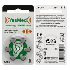 YesMed Extra Power 312 Numara İşitme Cihazı Pili, Kulaklık Pili, Duyma Pili, Kulak Pili, Kulak Cihazı Pili (1 Paket = 6 Adet Pil)