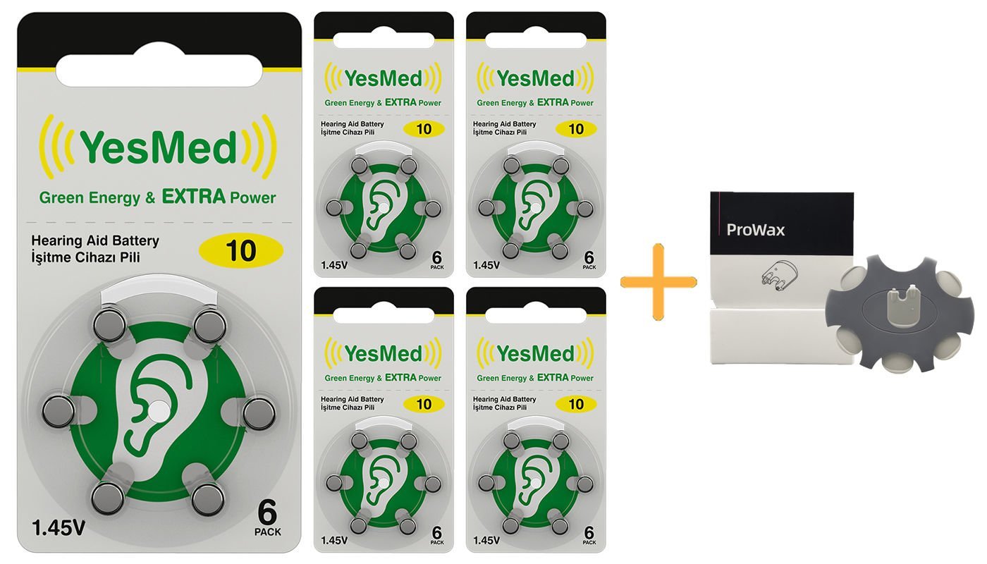 YesMed Extra Power 10 Numara İşitme Cihazı Pili (5 Paket x 6 Adet = 30 Adet Pil) + HEDİYE ProWax Filtre