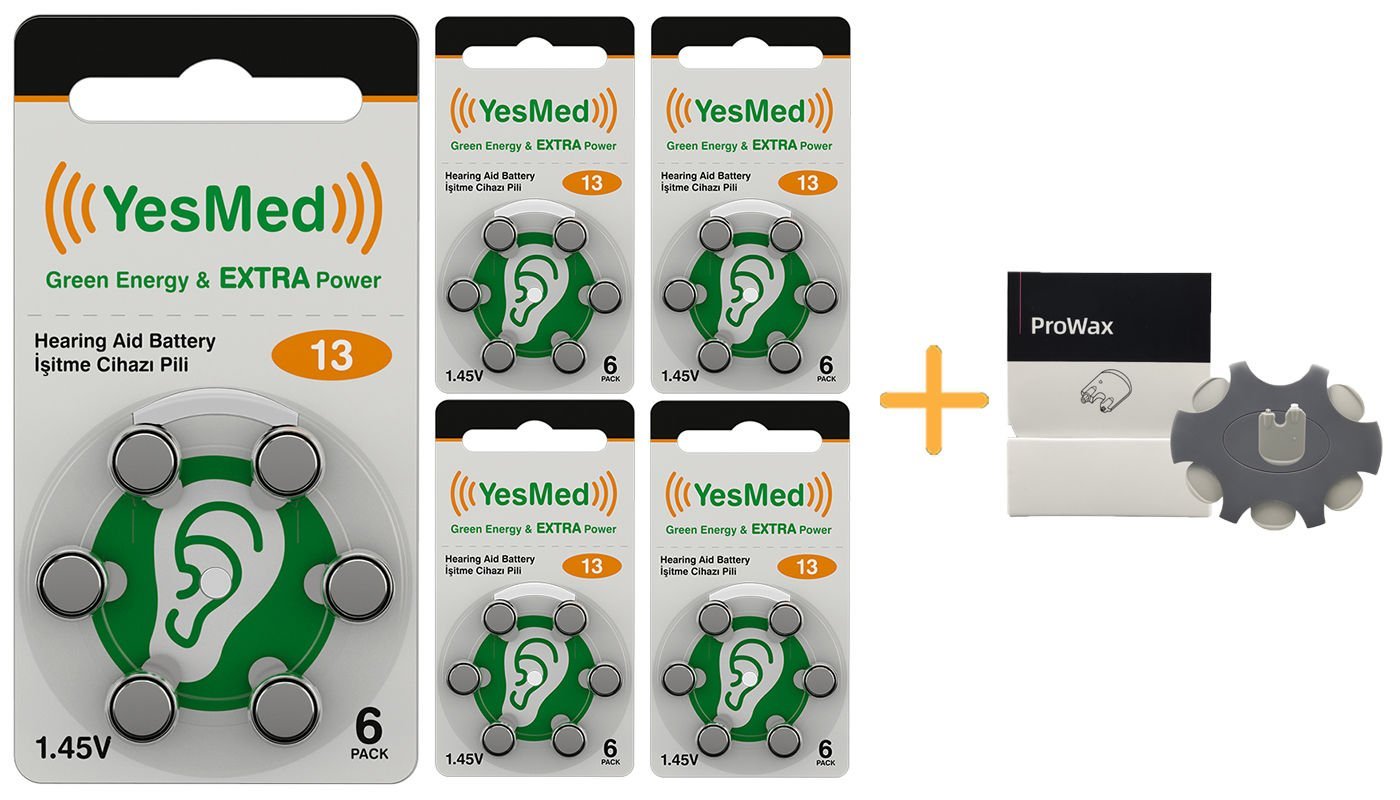 YesMed Extra Power 13 Numara İşitme Cihazı Pili (5 Paket x 6 Adet = 30 Adet Pil) + HEDİYE ProWax Filtre