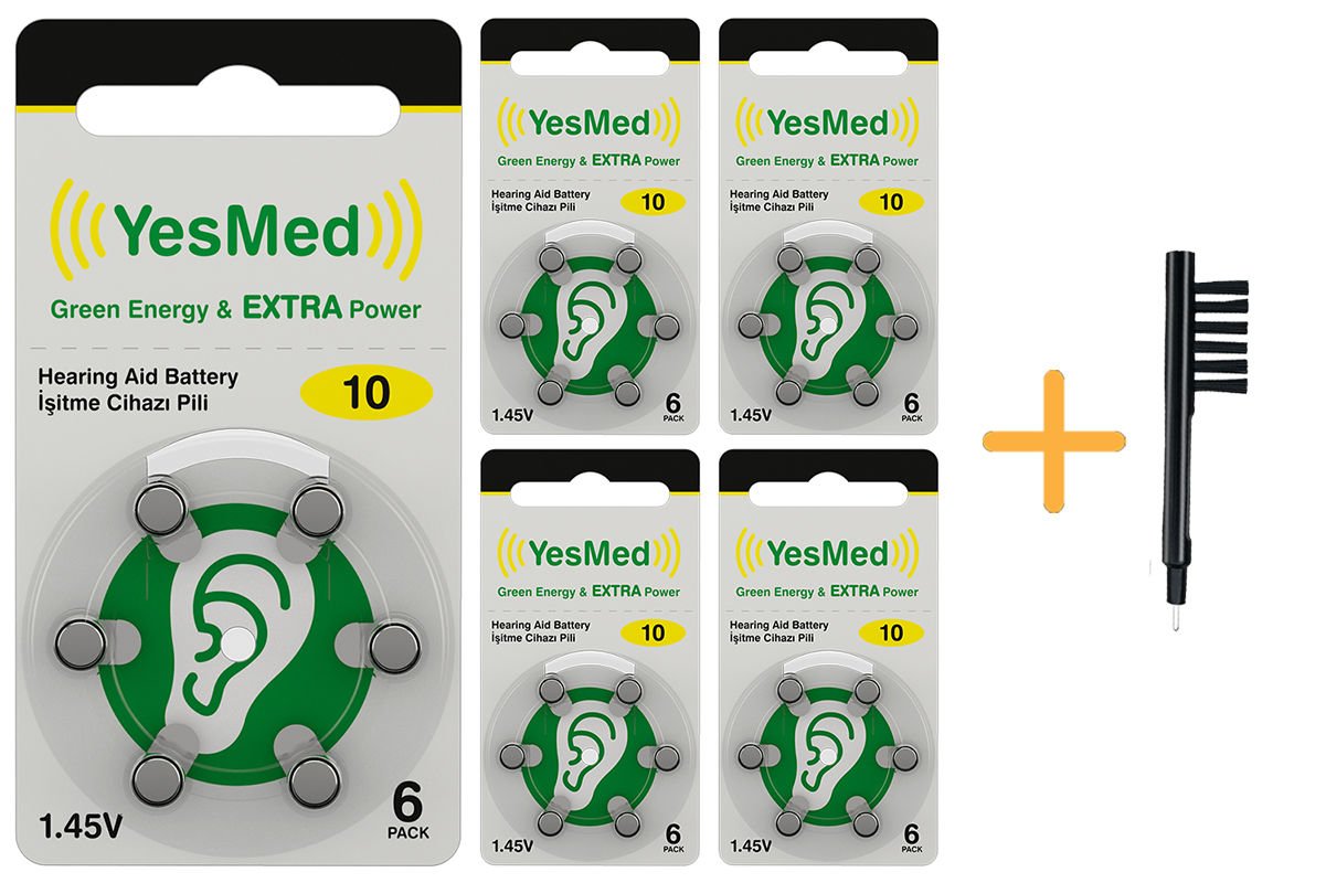 YesMed Extra Power 10 Numara İşitme Cihazı Pili (5 Paket x 6 Adet = 30 Adet Pil) + HEDİYE Mıknatıslı İşitme Cihazı Temizleme Fırçası