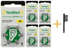 YesMed Extra Power 10 Numara İşitme Cihazı Pili (5 Paket x 6 Adet = 30 Adet Pil) + HEDİYE Mıknatıslı İşitme Cihazı Temizleme Fırçası