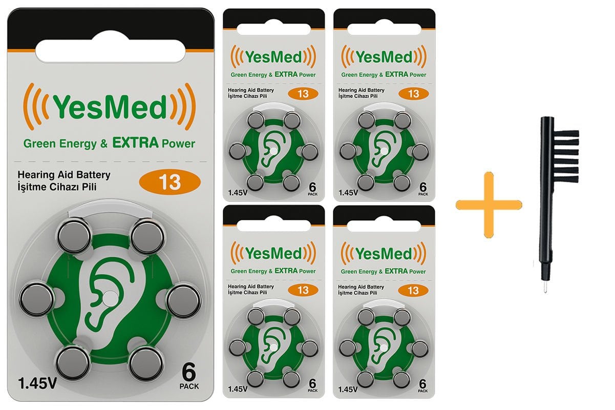 YesMed Extra Power 13 Numara İşitme Cihazı Pili (5 Paket x 6 Adet = 30 Adet Pil) + HEDİYE Mıknatıslı İşitme Cihazı Temizleme Fırçası