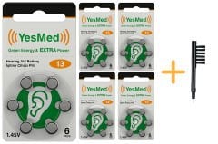 YesMed Extra Power 13 Numara İşitme Cihazı Pili (5 Paket x 6 Adet = 30 Adet Pil) + HEDİYE Mıknatıslı İşitme Cihazı Temizleme Fırçası