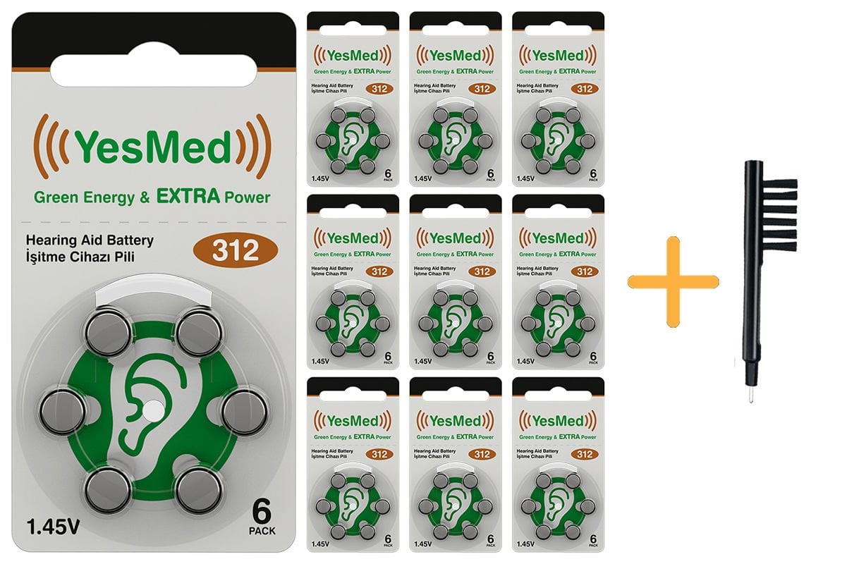 YesMed Extra Power 312 Numara İşitme Cihazı Pili (10 Paket x 6 Adet = 60 Adet Pil) + HEDİYE Mıknatıslı İşitme Cihazı Temizleme Fırçası