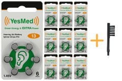 YesMed Extra Power 13 Numara İşitme Cihazı Pili (10 Paket x 6 Adet = 60 Adet Pil) + HEDİYE Mıknatıslı İşitme Cihazı Temizleme Fırçası