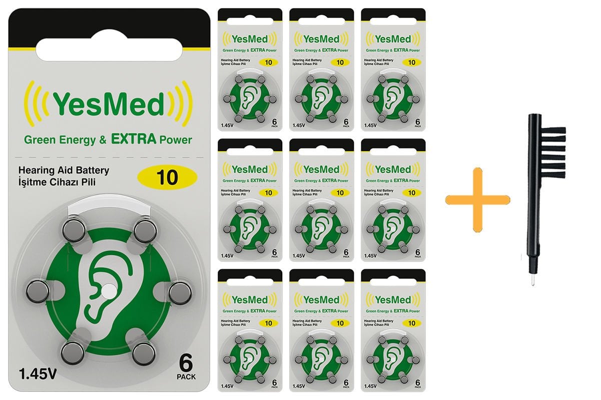 YesMed Extra Power 10 Numara İşitme Cihazı Pili (10 Paket x 6 Adet = 60 Adet Pil) + HEDİYE Mıknatıslı İşitme Cihazı Temizleme Fırçası