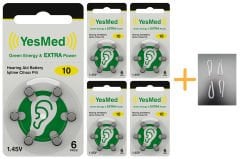 YesMed Extra Power 10 Numara İşitme Cihazı Pili (5 Paket x 6 Adet = 30 Adet Pil) + HEDİYE   İşitme Cihazı Hortumu (4 Adet, Orta-Standart olan Kıvrılmış Hortum), YesMed