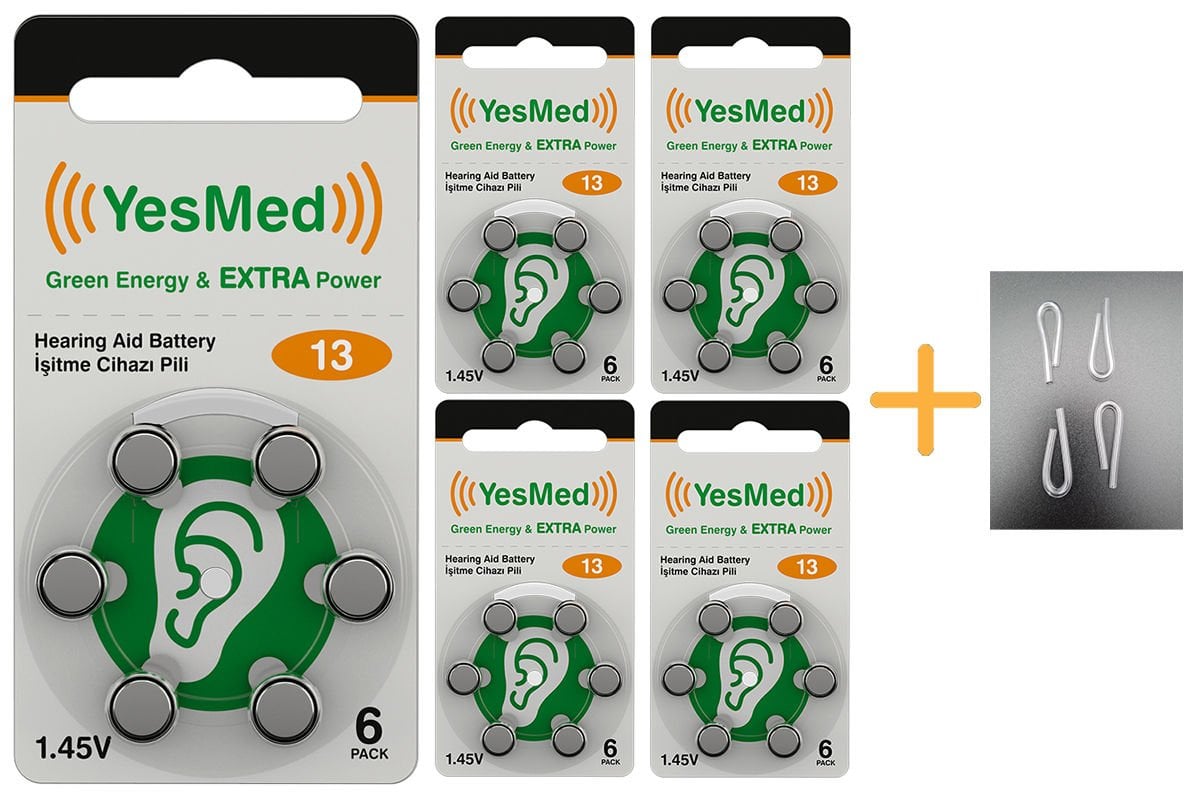 YesMed Extra Power 13 Numara İşitme Cihazı Pili (5 Paket x 6 Adet = 30 Adet Pil) + HEDİYE İşitme Cihazı Hortumu (4 Adet, Orta-Standart olan Kıvrılmış Hortum), YesMed