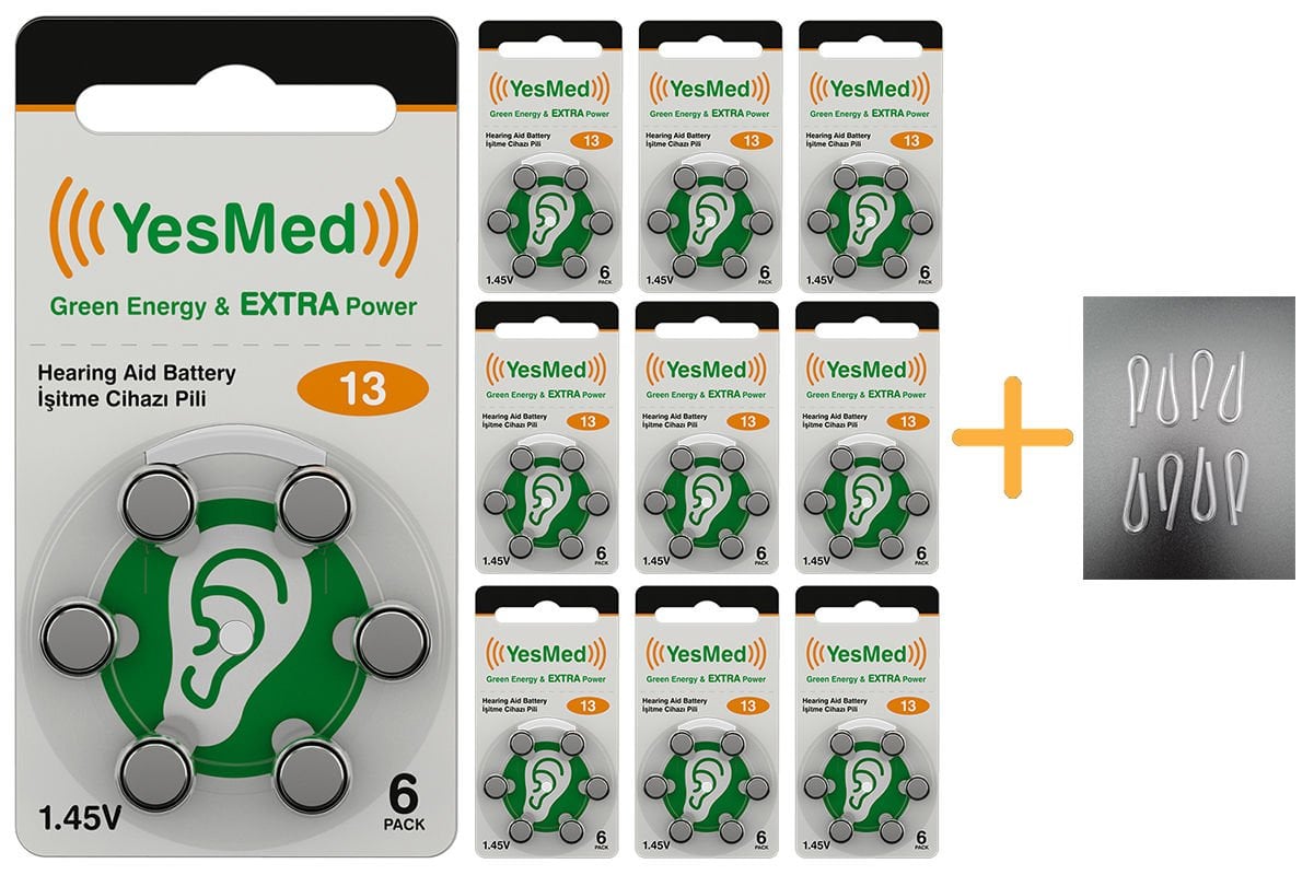 YesMed Extra Power 13 Numara İşitme Cihazı Pili (10 Paket x 6 Adet = 60 Adet Pil) + HEDİYE İşitme Cihazı Hortumu (8 Adet, Orta-Standart olan Kıvrılmış Hortum), YesMed