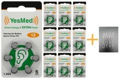 YesMed Extra Power 13 Numara İşitme Cihazı Pili (10 Paket x 6 Adet = 60 Adet Pil) + HEDİYE İşitme Cihazı Hortumu (8 Adet, Orta-Standart olan Kıvrılmış Hortum), YesMed