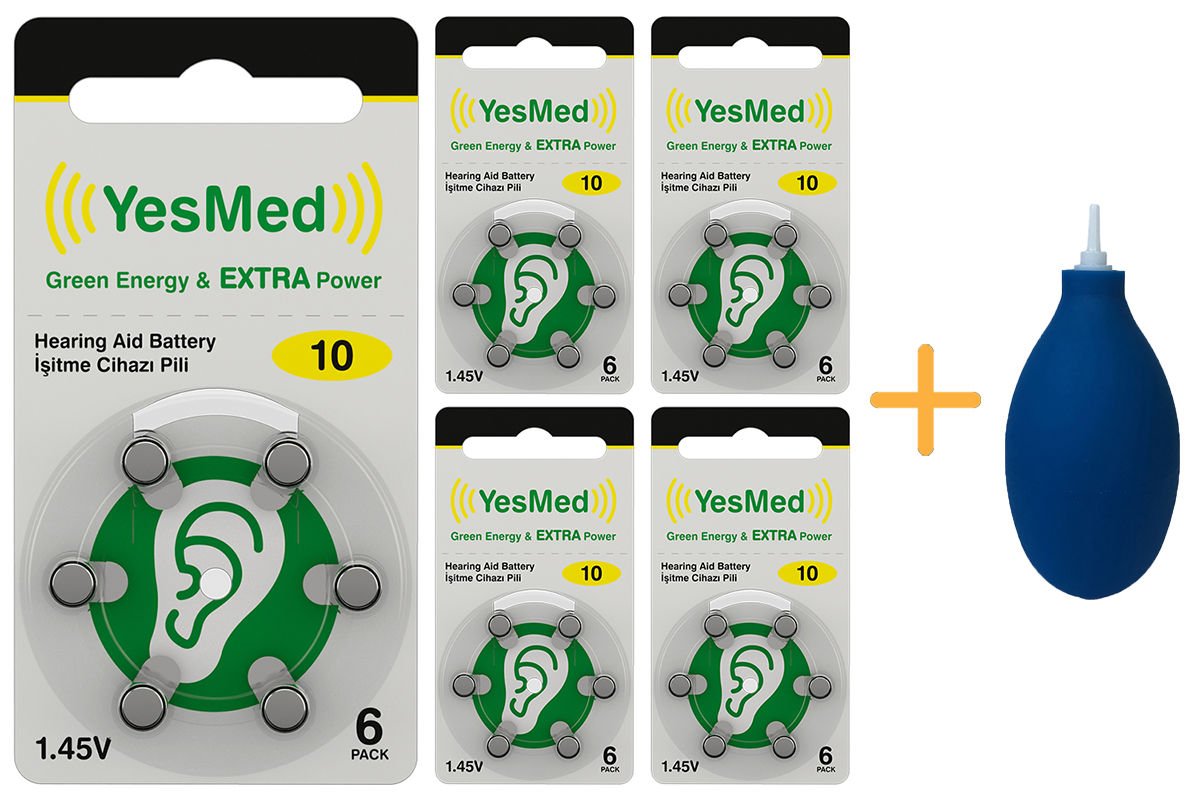 YesMed Extra Power 10 Numara İşitme Cihazı Pili (5 Paket x 6 Adet = 30 Adet Pil) + HEDİYE İşitme Cihazı El Pompası-Puar
