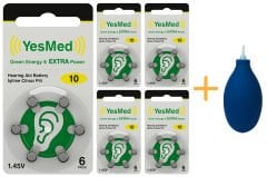 YesMed Extra Power 10 Numara İşitme Cihazı Pili (5 Paket x 6 Adet = 30 Adet Pil) + HEDİYE İşitme Cihazı El Pompası-Puar