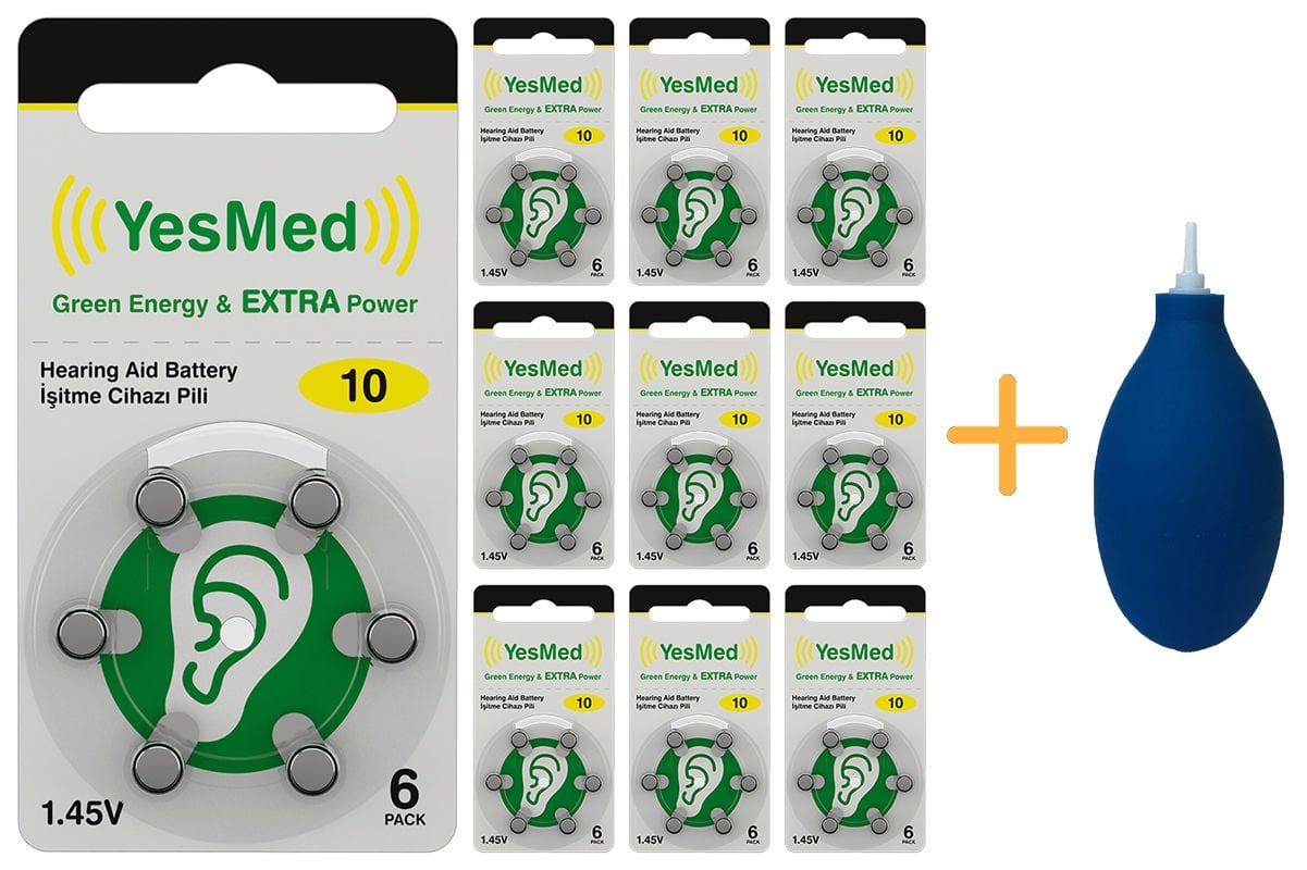 YesMed Extra Power 10 Numara İşitme Cihazı Pili (10 Paket x 6 Adet = 60 Adet Pil) + HEDİYE İşitme Cihazı El Pompası-Puar