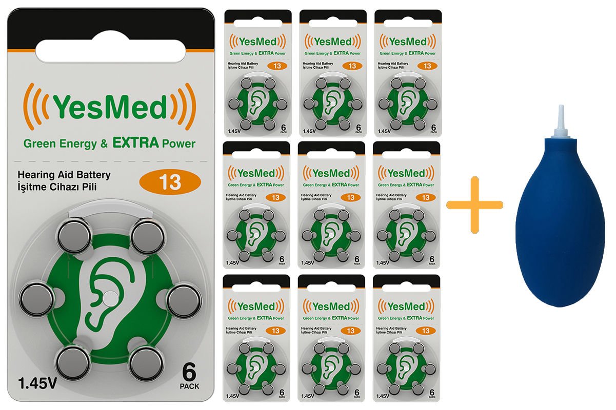YesMed Extra Power 13 Numara İşitme Cihazı Pili (10 Paket x 6 Adet = 60 Adet Pil) + HEDİYE İşitme Cihazı El Pompası-Puar