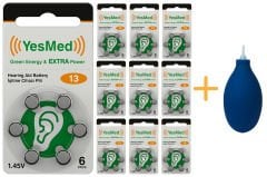YesMed Extra Power 13 Numara İşitme Cihazı Pili (10 Paket x 6 Adet = 60 Adet Pil) + HEDİYE İşitme Cihazı El Pompası-Puar