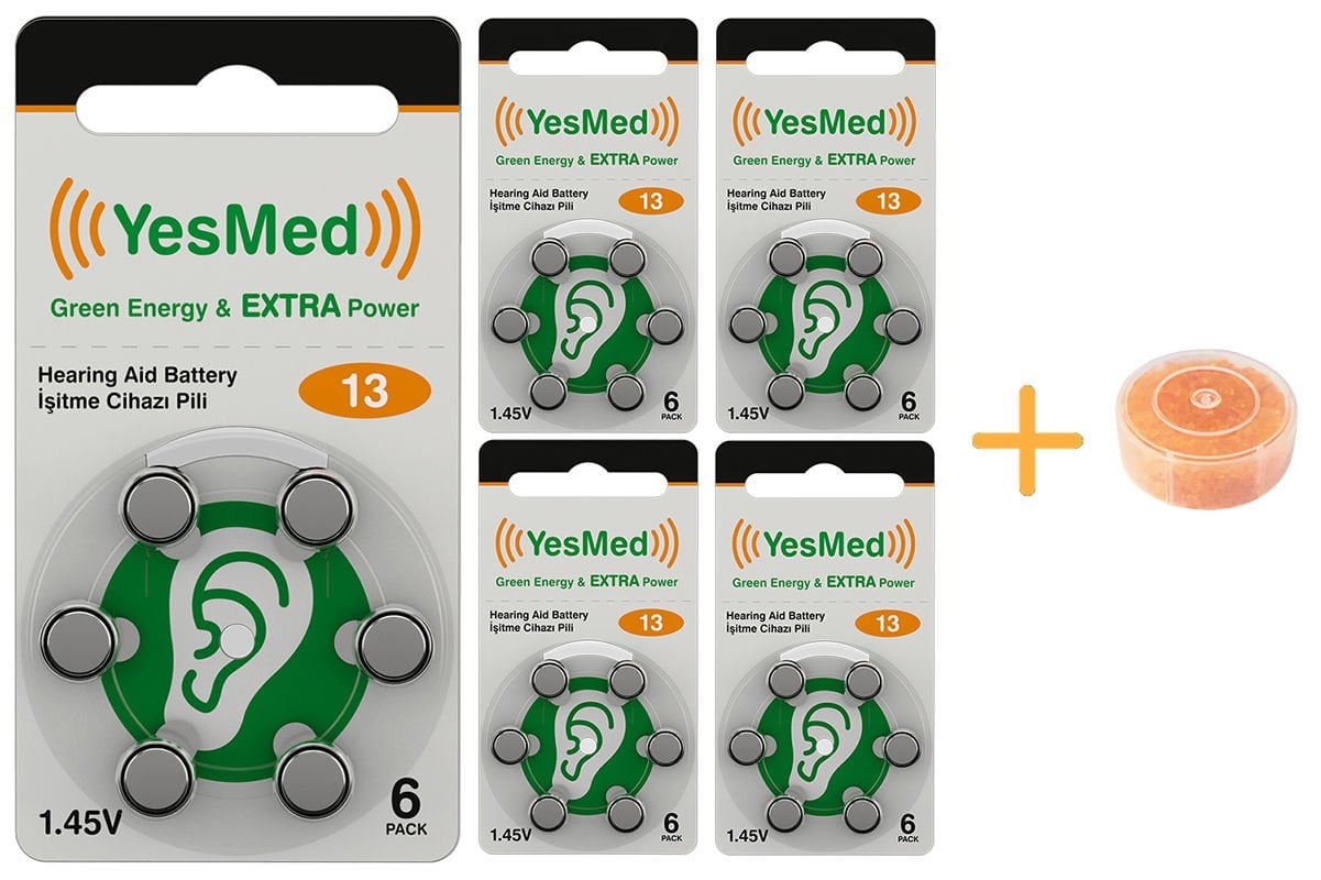 YesMed Extra Power 13 Numara İşitme Cihazı Pili (5 Paket x 6 Adet = 30 Adet Pil) + HEDİYE İşitme Cihazı Nem Alıcı Tablet, YesMed