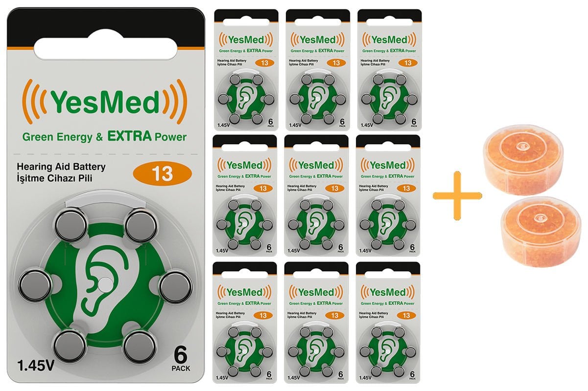 YesMed Extra Power 13 Numara İşitme Cihazı Pili (10 Paket x 6 Adet = 60 Adet Pil) + HEDİYE İşitme Cihazı Nem Alıcı Tablet, YesMed