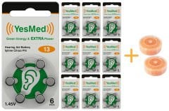 YesMed Extra Power 13 Numara İşitme Cihazı Pili (10 Paket x 6 Adet = 60 Adet Pil) + HEDİYE İşitme Cihazı Nem Alıcı Tablet, YesMed