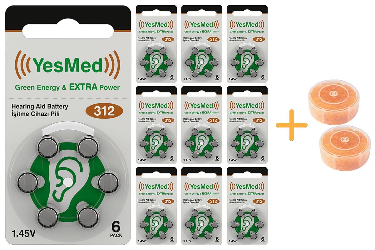 YesMed Extra Power 312 Numara İşitme Cihazı Pili (10 Paket x 6 Adet = 60 Adet Pil) + HEDİYE İşitme Cihazı Nem Alıcı Tablet, YesMed