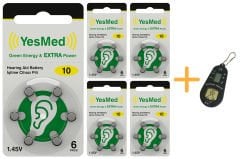 YesMed Extra Power 10 Numara İşitme Cihazı Pili (5 Paket x 6 Adet = 30 Adet Pil) + HEDİYE İşitme Cihazı Pil Ölçer