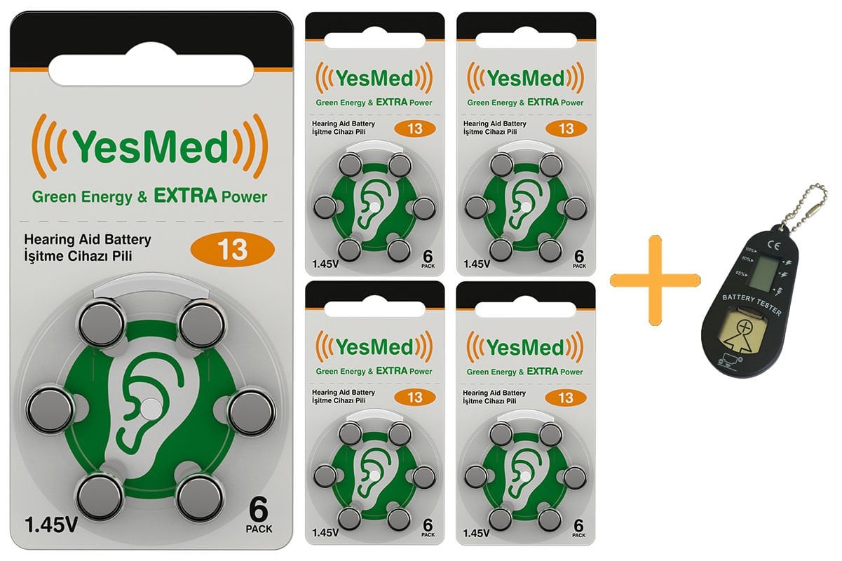 YesMed Extra Power 13 Numara İşitme Cihazı Pili (5 Paket x 6 Adet = 30 Adet Pil) + HEDİYE İşitme Cihazı Pil Ölçer