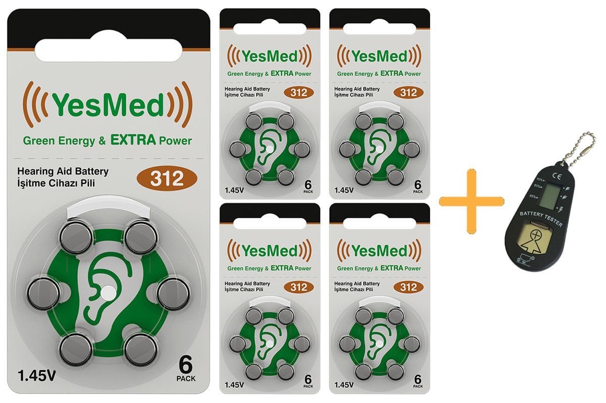 YesMed Extra Power 312 Numara İşitme Cihazı Pili (5 Paket x 6 Adet = 30 Adet Pil) + HEDİYE İşitme Cihazı Pil Ölçer