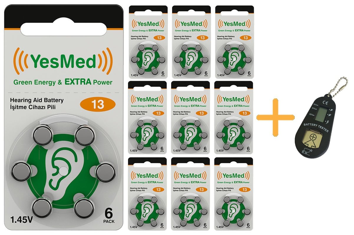 YesMed Extra Power 13 Numara İşitme Cihazı Pili (10 Paket x 6 Adet = 60 Adet Pil) + HEDİYE İşitme Cihazı Pil Ölçer