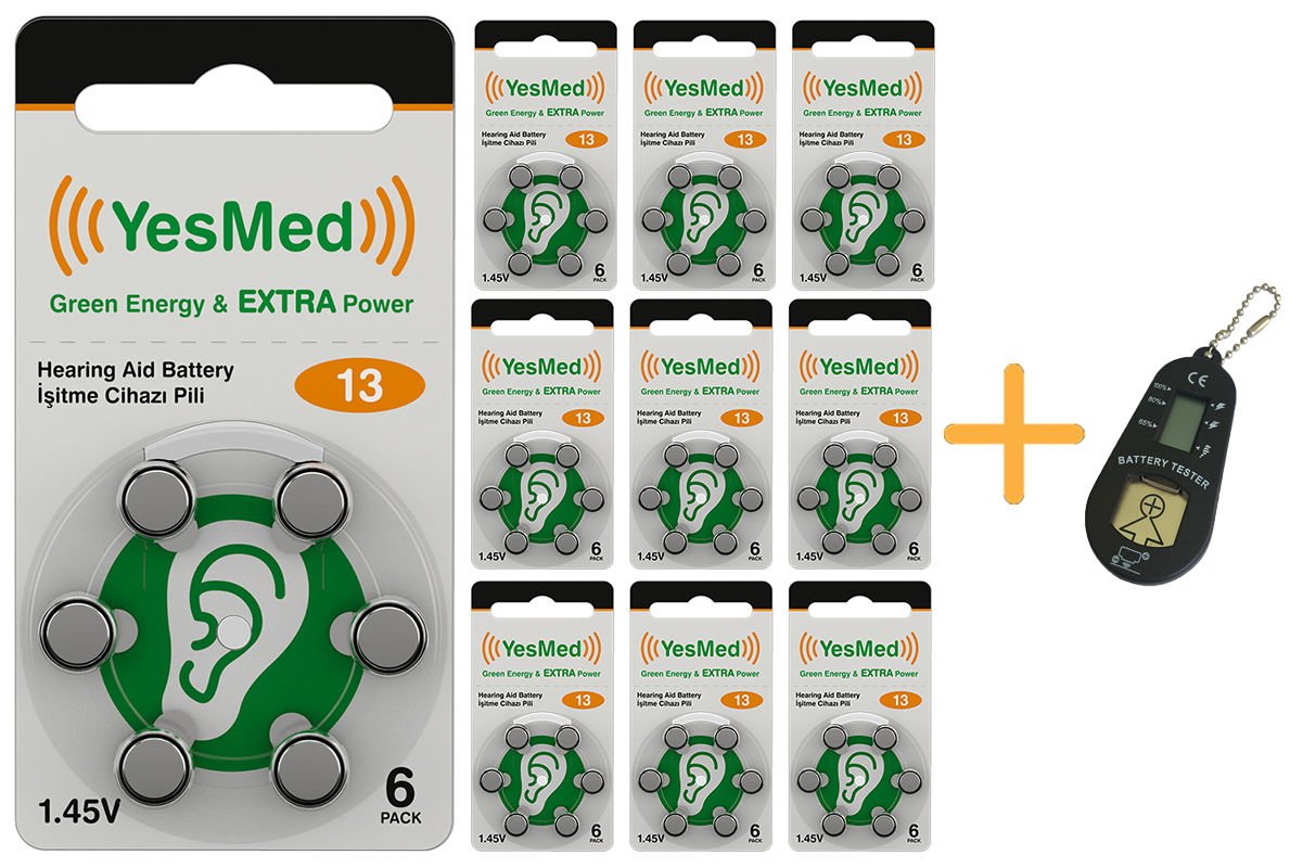 YesMed Extra Power 13 Numara İşitme Cihazı Pili (10 Paket x 6 Adet = 60 Adet Pil) + HEDİYE İşitme Cihazı Pil Ölçer
