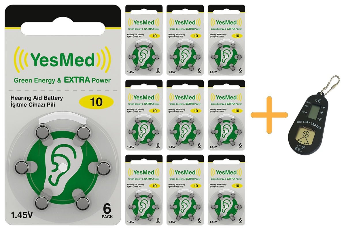 YesMed Extra Power 10 Numara İşitme Cihazı Pili (10 Paket x 6 Adet = 60 Adet Pil) + HEDİYE İşitme Cihazı Pil Ölçer