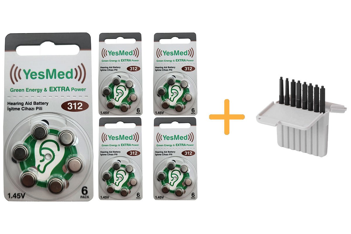 YesMed Extra Power 312 Numara İşitme Cihazı Pili (5 Paket x 6 Adet = 30 Adet Pil) + HEDİYE İşitme Cihazı Filtresi, YesMed
