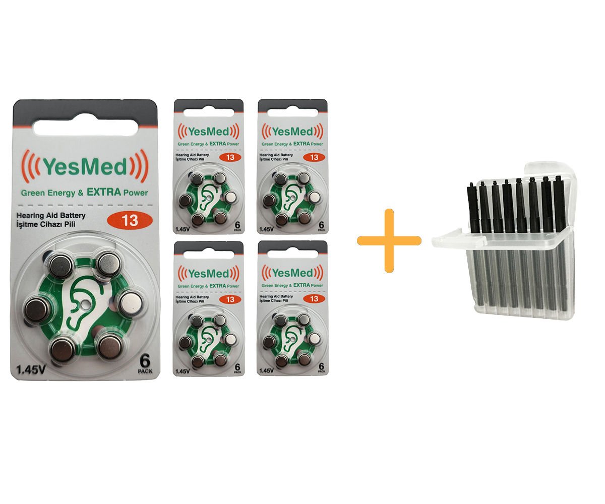 YesMed Extra Power 13 Numara İşitme Cihazı Pili (5 Paket x 6 Adet = 30 Adet Pil + HEDİYE İşitme Cihazı Uyumlu Çubuk Filtre, YesMed