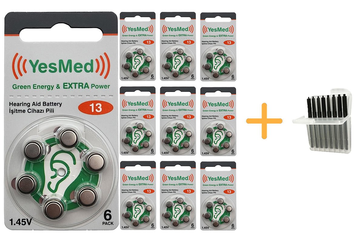 YesMed Extra Power 13 Numara İşitme Cihazı Pili (10 Paket x 6 Adet = 60 Adet Pil + HEDİYE İşitme Cihazı Uyumlu Çubuk Filtre, YesMed